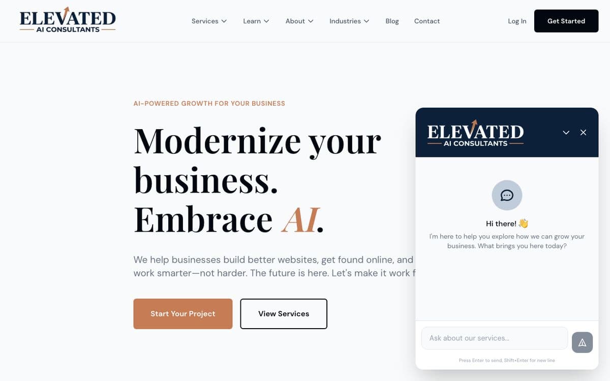 EAC AI chatbot widget open on elevatedaico.com, showing the greeting message and chat input